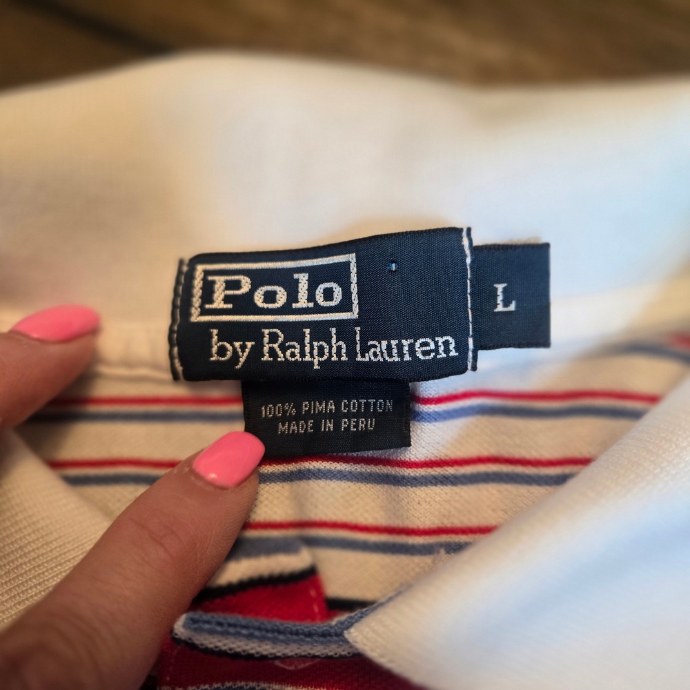Polo Ralph Lauren Mens Large Pima Cotton Striped Polo Shirt Red Green Blue White - Picture 4 of 7
